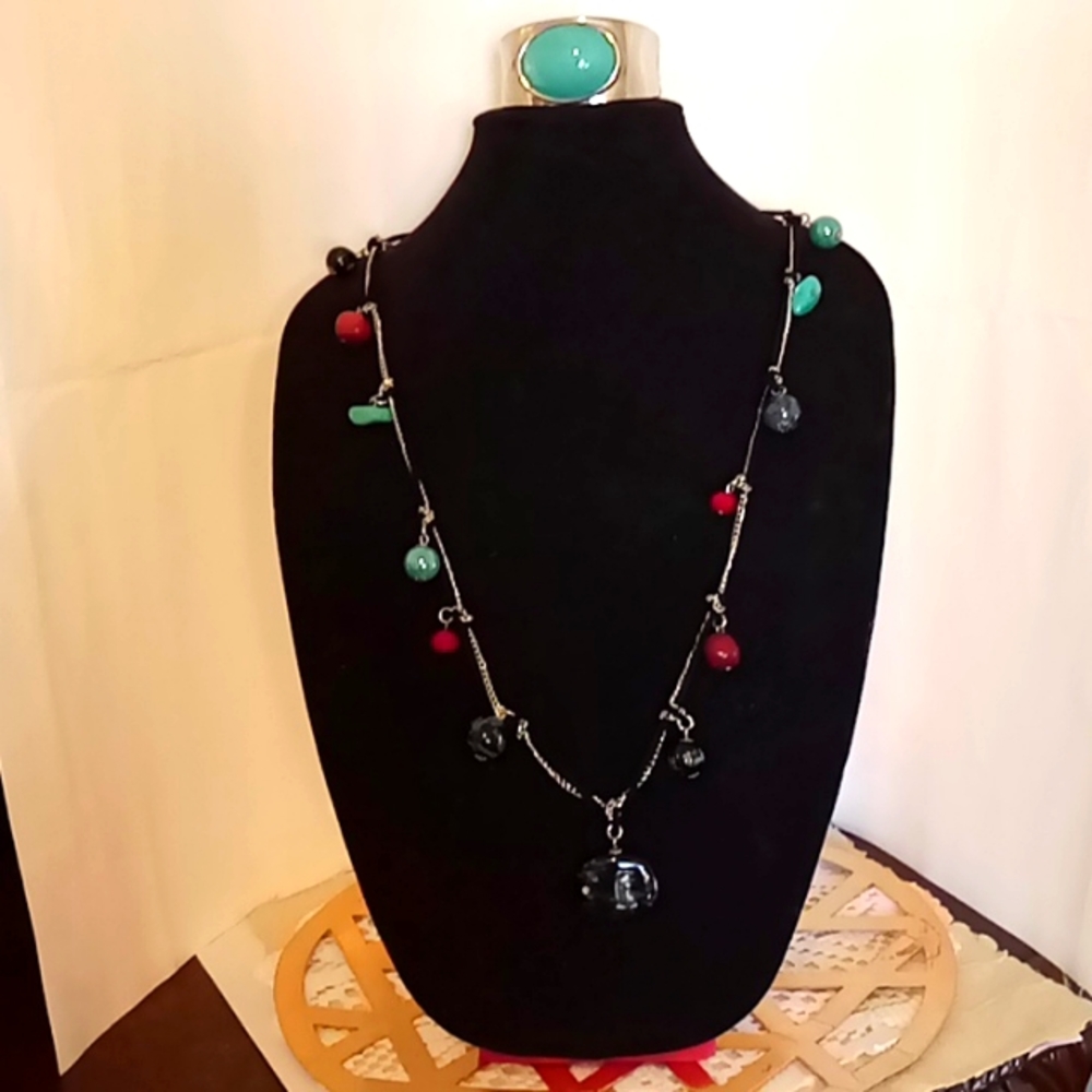 Mixed semi Stone necklace with silver torqoiise type bangle